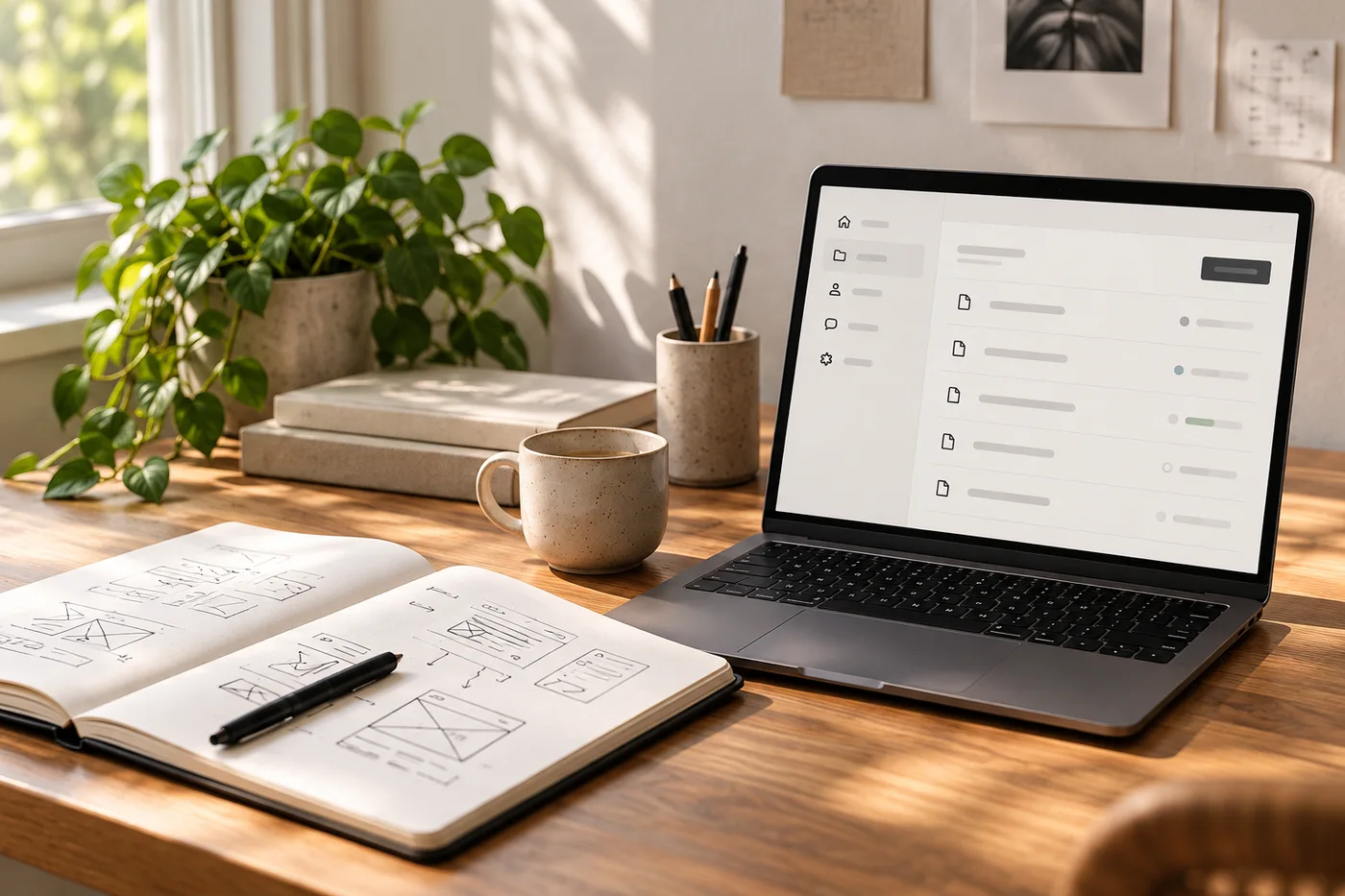 A designer’s workspace with paper wireframes and a laptop